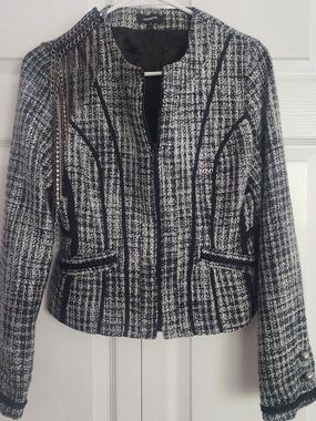 EXPRESS‎ Y2K Tweed Metallic Plaid Black Silver Jacket Coat Women's Size Small